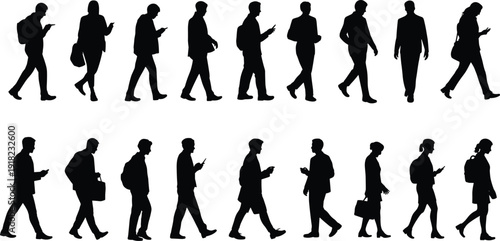Business people walking silhouettes, professionals using smartphones with bags isolated on white background vector illustration collection set