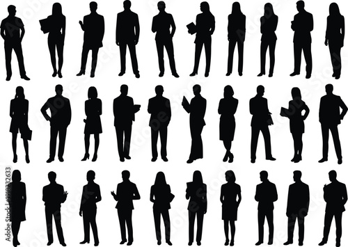 Business professional silhouettes, corporate people standing, office staff poses, executives with documents, managers gesturing, teamwork illustration, business attire figures, corporate environment