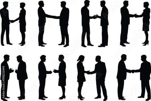 Business silhouette greeting, handshake illustration, professional communication icon, corporate meeting concept, social interaction design, teamwork artwork, formal attire posture reference