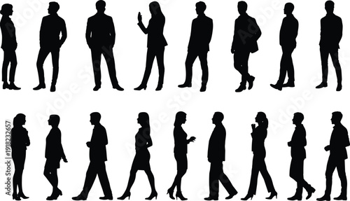 Business silhouettes collection, professional standing poses, walking figures, corporate attire, diverse gestures, phone usage, pockets, gesturing, teamwork, office illustration