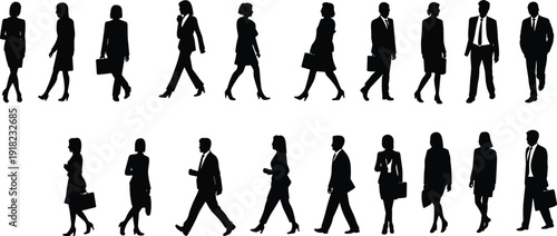 Business silhouettes, professionals, corporate attire, office workers, diversity, teamwork, walking, standing, briefcases, handbags, formal clothing, workplace culture, presentation icons