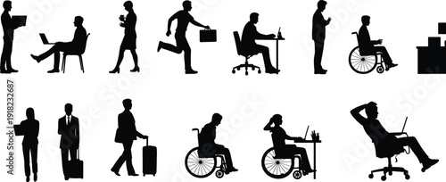 Business silhouettes, office workers, teamwork, diversity, inclusivity, wheelchair accessibility, professional activities, communication, travel, productivity, corporate lifestyle, modern workplace