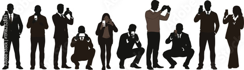 Group of business people silhouettes using smartphones photographing and filming, social media addiction, mobile technology, communication, crowd, digital lifestyle concept