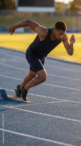 man person sportsman run start ready stadium training sport vertical view