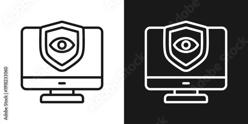 Shield Monitor Icon In Black And White Line Style