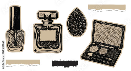 Vintage Beauty Ephemera Clipart Set: Hand-Drawn Perfume Bottle, Nail Polish, and Eyeshadow Palette with Torn Paper Texture on White