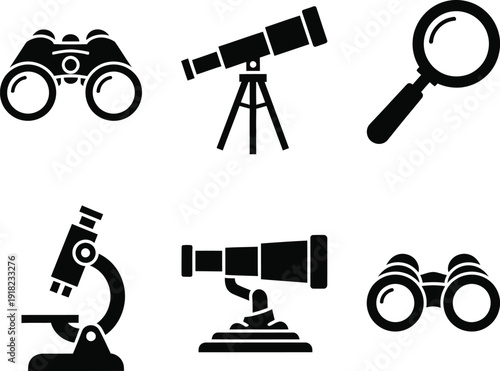 Collection of optical equipment symbols showing binoculars and magnifier