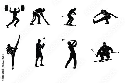 Silhouettes of people engaged in various sports and fitness activities
