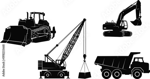 Silhouette vector set of 4 heavy construction vehicles bulldozer excavator crane and dump truck