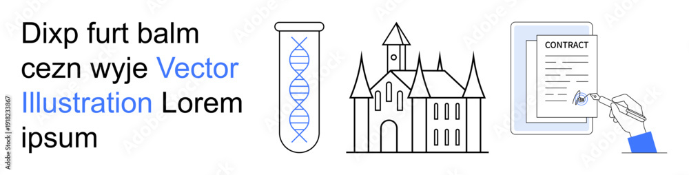 Naklejka premium Research, legal documentation, heritage, history, agreements, science. A DNA helix, a castle and a signed contract . Science and legal documentation concepts