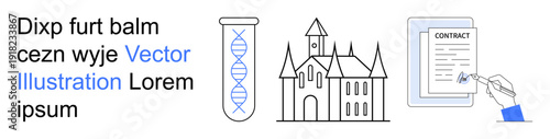 Research, legal documentation, heritage, history, agreements, science. A DNA helix, a castle and a signed contract . Science and legal documentation concepts