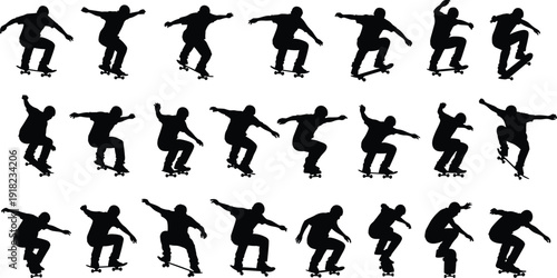 Skateboard, skater, silhouette, trick, jump, sport, action, skateboarding, extreme, urban, street, stunt, motion, balance, athlete, activity, dynamic, youth, isolated, background
