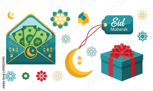 Eid mubarak holiday gifts and decorative elements collection. envelope with money, gift box, moon, lanterns and patterns.