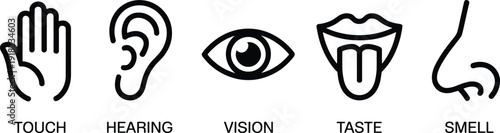 Five Icons Representing the Five Human Senses Touch Hearing Vision Taste Smell five senses