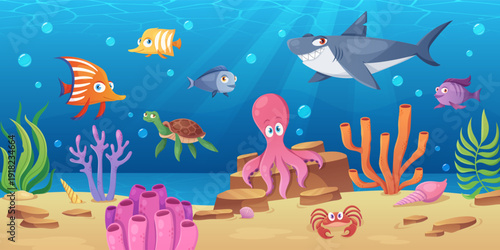 Seabed cartoon landscape with colorful fish and playful octopus, friendly shark and crab exploring sandy ocean floor. Underwater scene with coral reef, swimming turtle and seaweed in gentle aqua.