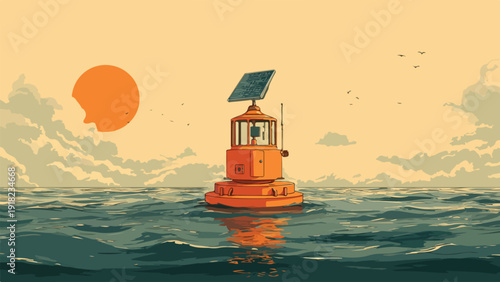 Orange buoy with solar panel floats on wavy ocean under cloudy sunset sky with birds