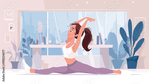 A woman in workout attire stretches gracefully on the floor in a sunlit room with plants