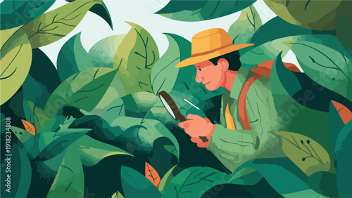 Explorer with magnifying glass peers into lush green foliage, observing nature