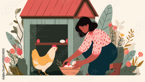 A person collects eggs from a coop next to a chicken, surrounded by foliage and flowers