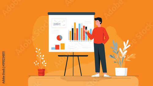 A person stands and points at a presentation board with charts and graphs