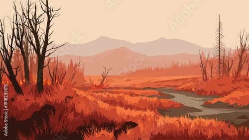 Stylized landscape with a winding path through burnt orange grasslands and distant mountains