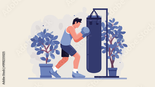 Man in boxing gloves punching a large bag, with potted plants on a simple background