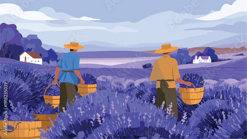 Two people in straw hats harvest purple flowers in a vast field under a cloudy sky