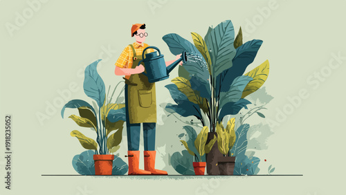 Person in overalls and boots waters lush potted plants with a watering can