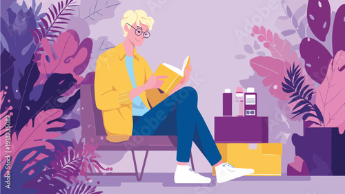 A person with blond hair and glasses reads a book while sitting on a bench surrounded by colorful plants
