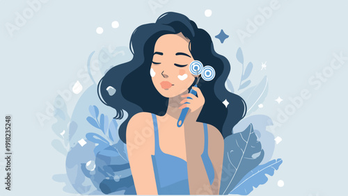 Serene woman with blue face roller amidst abstract blue foliage and sparkle