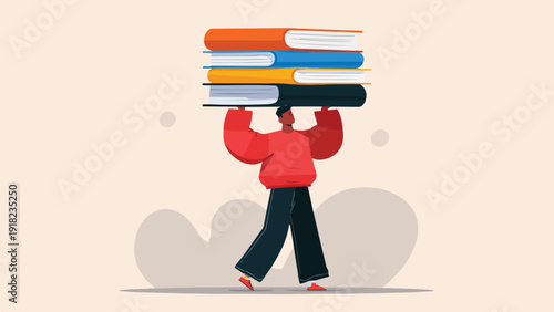 Person carrying a stack of books