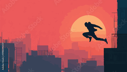 Silhouette of a person leaping between buildings during a vibrant sunset