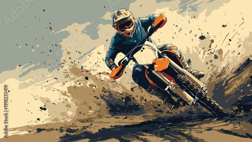 A dirt bike rider races aggressively around a dusty corner, kicking up dirt