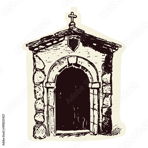 Hand drawn village church landscape scene with christian cross on bell tower. Black and white isolated vector motif for chapel, shrine Christian pilgrimage sanctuary symbol. European camion travel