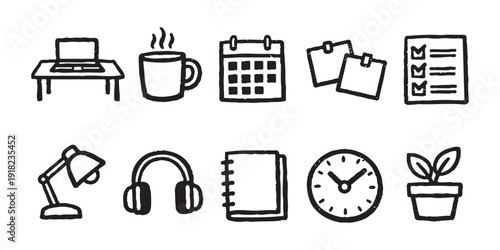 Hand-drawn office and productivity icon set featuring a laptop, coffee mug, calendar, notebook, and clock in a black and white doodle style.