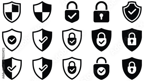 Security shield and padlock icons set representing protection, privacy, access control, cybersecurity, and safety, vector