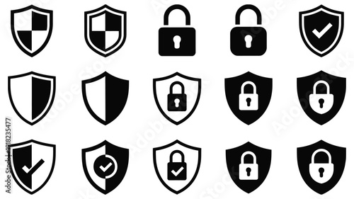 Shield and padlock vector icon collection, depicting cybersecurity, data protection, privacy, access control, and safe digital environments