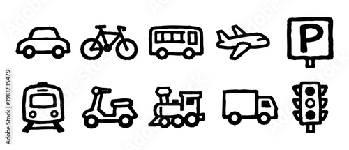Hand-drawn set of transportation icons including car, bicycle, bus, airplane, train, scooter, truck, and traffic signs in a simple doodle style.