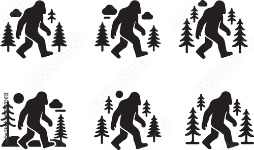 Bigfoot silhouette in forest with clouds and moon sasquatch