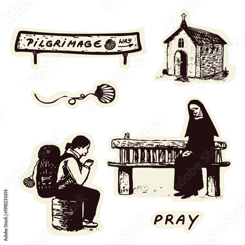 Pilgrimage greeting speechbubble set. Hand written encouragment sign set. Black and white isolated vector banner illustration for self help, wellness , pilgrimage, symbolic travel words concept 
