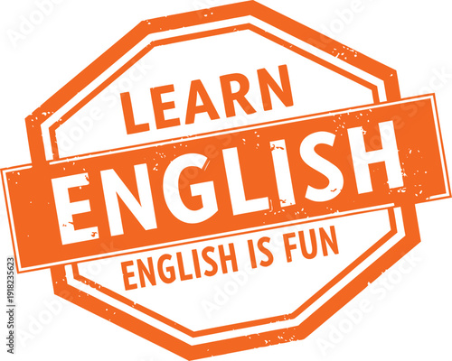Learn English orange badge with English is fun text isolated on white background for language course and education