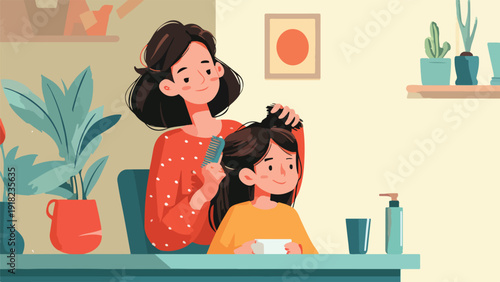 Mother combs her daughter's hair in a room with plants and art