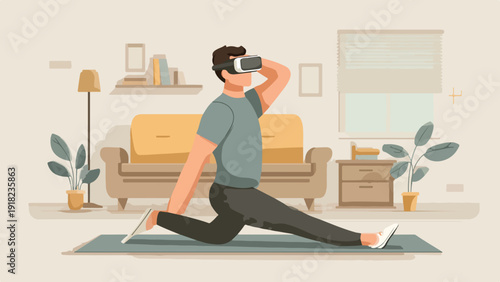 Man in virtual reality headset doing a split exercise in a living room