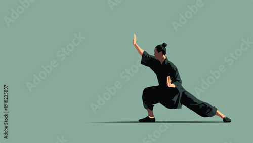 A person in traditional black martial arts attire performs a low stance