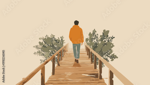 A lone figure in an orange jacket walks across a wooden bridge