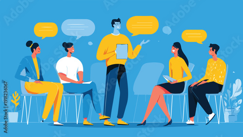 Diverse group engaged in discussion and collaboration around a central figure holding a tablet