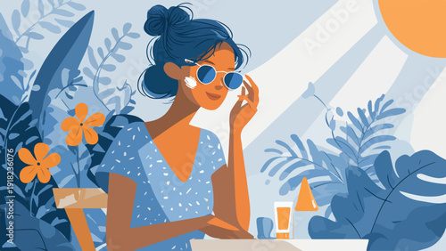 Woman with sunglasses and sunscreen in a lush garden setting under the sun