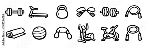 Set of hand-drawn gym equipment icons including dumbbells, treadmill, yoga mat, and exercise bike in a minimalist doodle style.