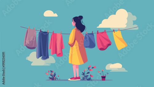 Woman in yellow dress watching clothes drying on a line under a blue sky