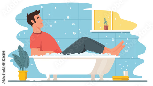 A man relaxes in a bubbly bathtub next to a window with a potted plant